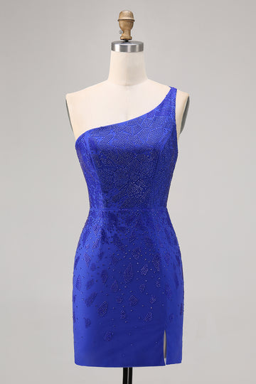 One Shoulder Royal Blue Beaded Homecoming Dress